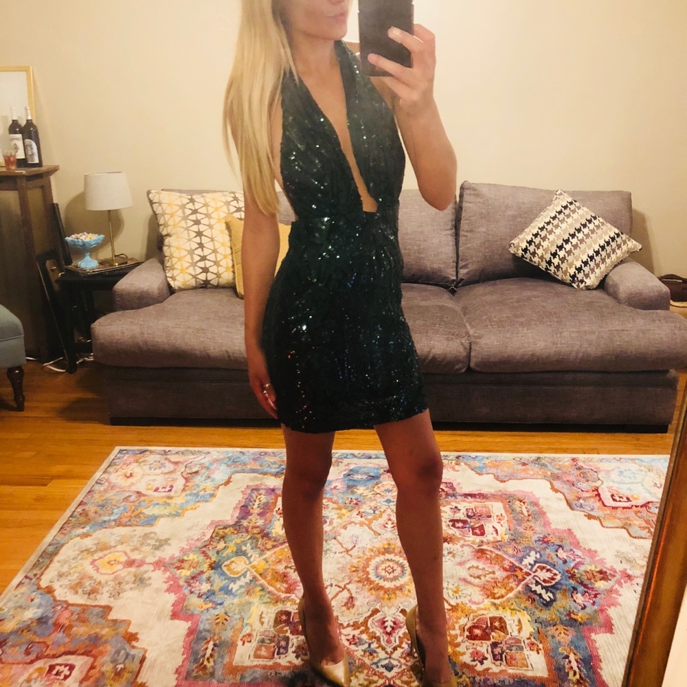 Dark emerald green sequin halter dress